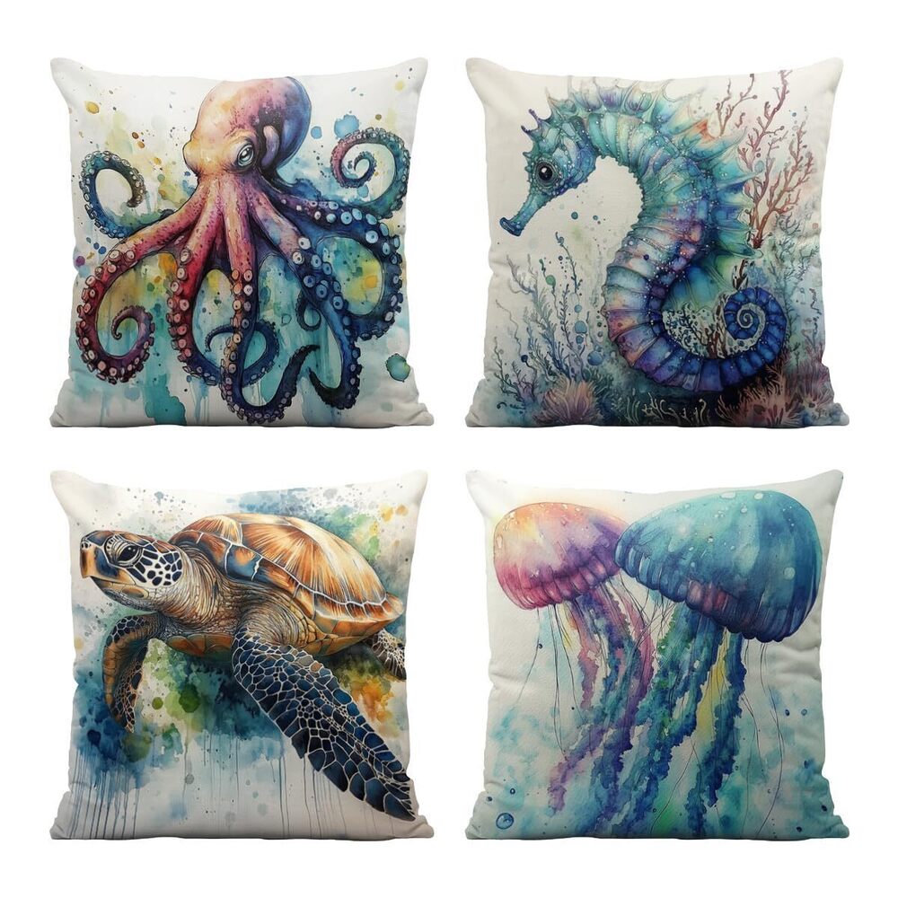 7683 Octopus Pillow Covers 18x18 Inch Set of 4, Turtle Seahorse Jellyfish